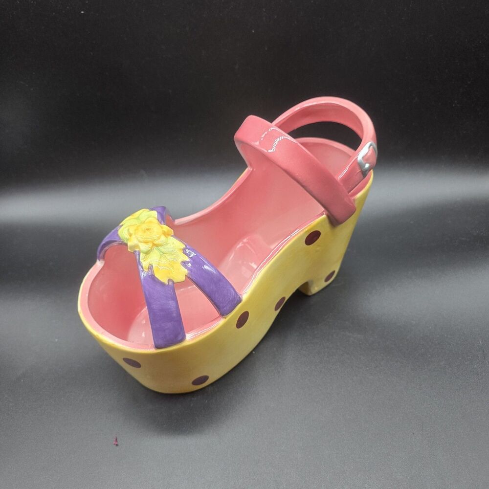 Vintage Pottery Ceramic Platform Shoe Planter Retro Mod Groovy Polka Dot